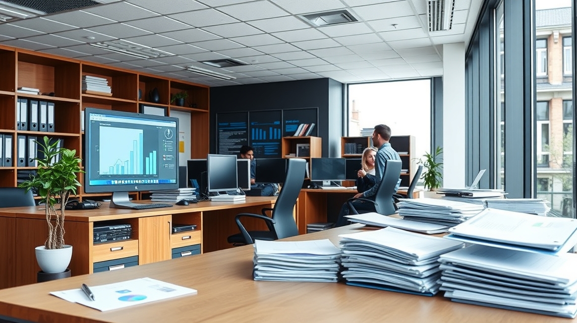 Moderná kancelária s počítačmi, dokumentmi a zamestnancami v diskusii.