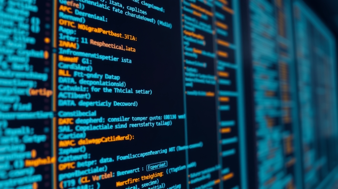 Záber na obrazovku s kódom a technickými údajmi v modrom a oranžovom písmene.