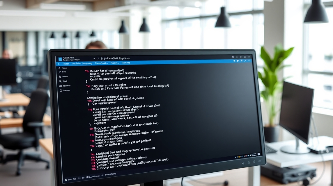 Monitor s kódom v modernom kancelárskom prostredí s rastlinou v pozadí.