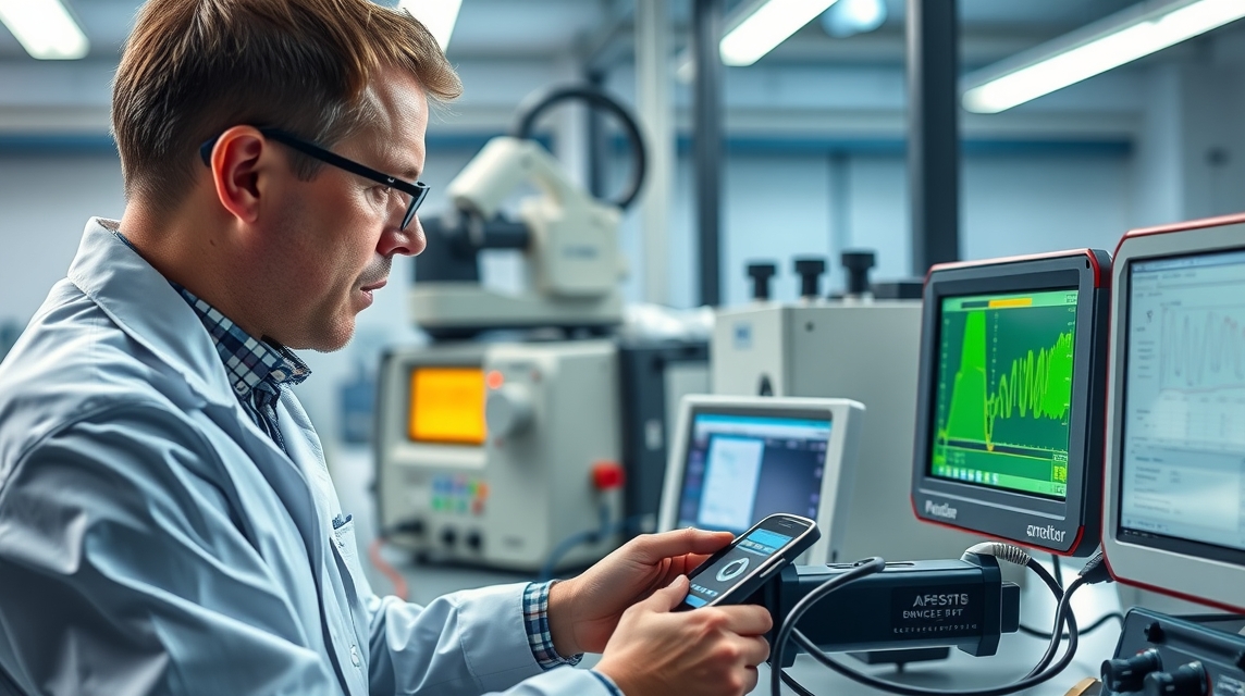 Muž v laboratóriu analyzuje dáta na prístroji s monitormi v pozadí.