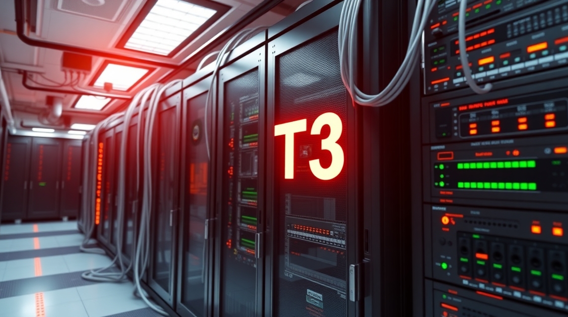 Serverová miestnosť s čiernymi skriňami a červeným označením T3.