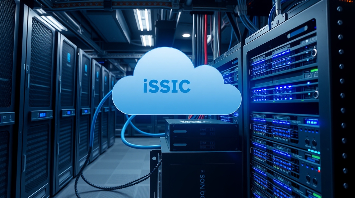 Serverová miestnosť s modrým cloudovým logom iSSIC a technológiou na ukladanie dát.