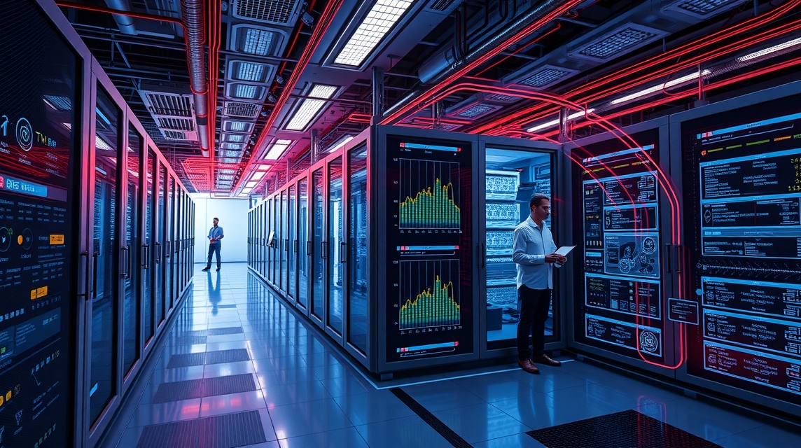 Muž stojí v modernom dátovom centre s monitormi a grafmi.