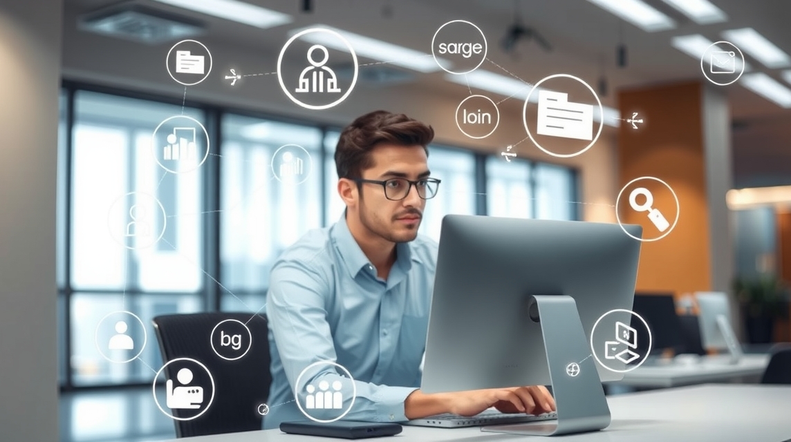 Mladý muž pracuje na počítači v modernom kancelárskom prostredí, obklopený ikonami technológie.