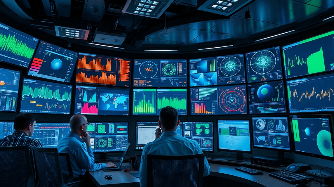 Trojica odborníkov analyzuje dáta na viacerých obrazovkách v modernom kontrolnom centre.