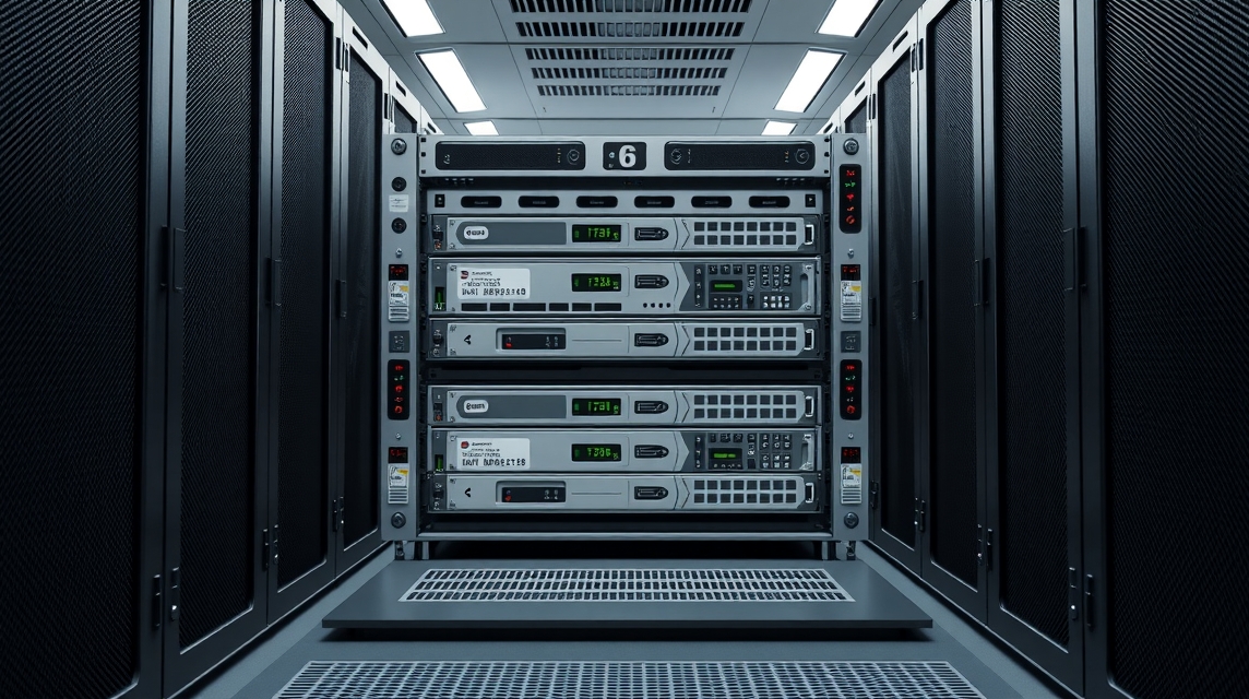 Serverová miestnosť s viacerými rackmi a technológiou na spracovanie dát.