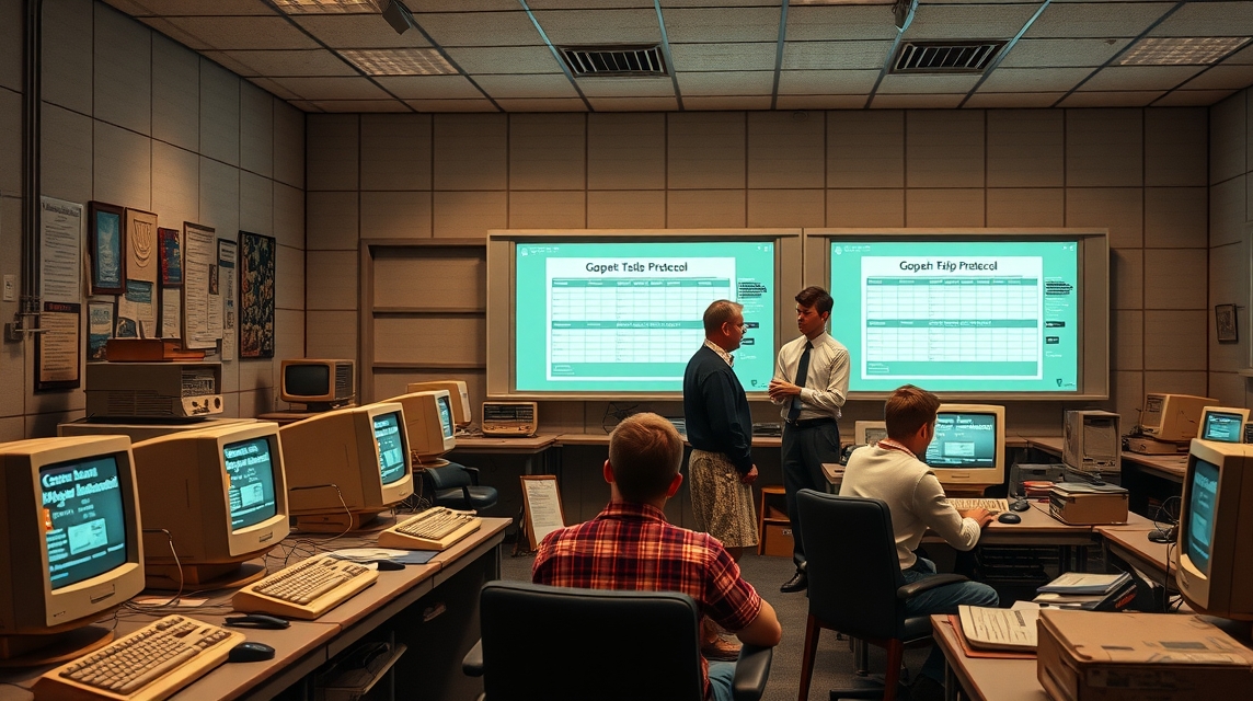 Skupina ľudí v učebni s počítačmi a prezentáciou na plátne.