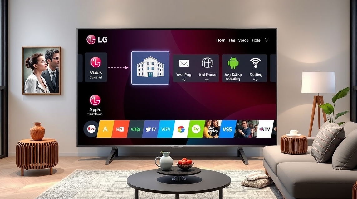 Moderný obývací priestor s veľkým LG televízorom a interiérovými doplnkami.