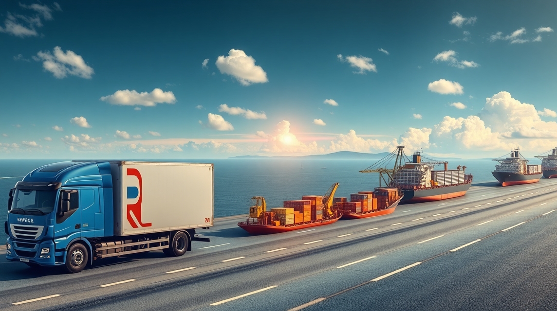 Modrý nákladný automobil na ceste vedľa prístavu s kontajnermi a loďami.