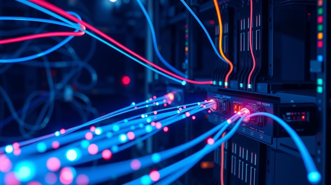 Detailný pohľad na optické káble a servery v dátovom centre.