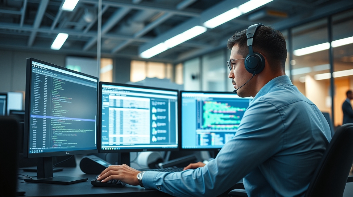 Muž s slúchadlami pracuje na počítači v modernom kancelárskom prostredí.