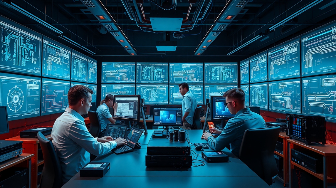 Skupina odborníkov pracuje v modernom kontrolnom centre s viacerými obrazovkami.