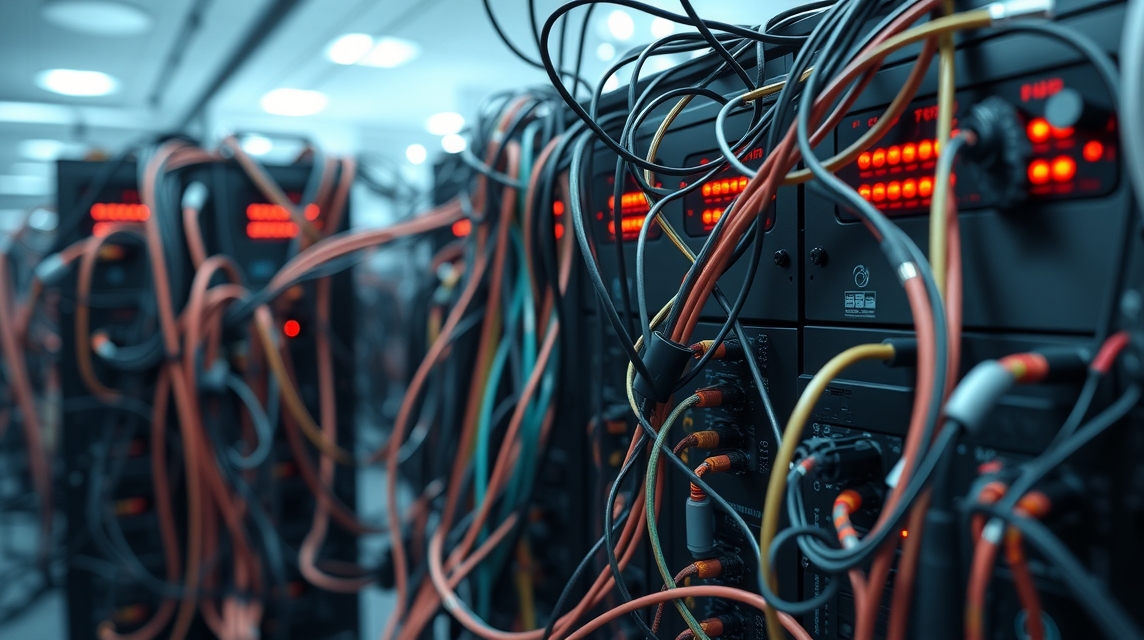 Zložené káble a servery v dátovom centre s červenými svetlami.