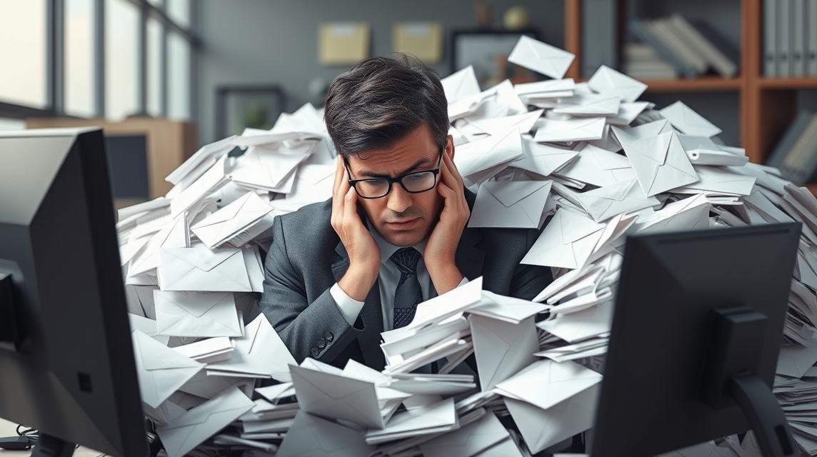 Muž v obleku sedí za počítačom obklopený hromadou obálok.