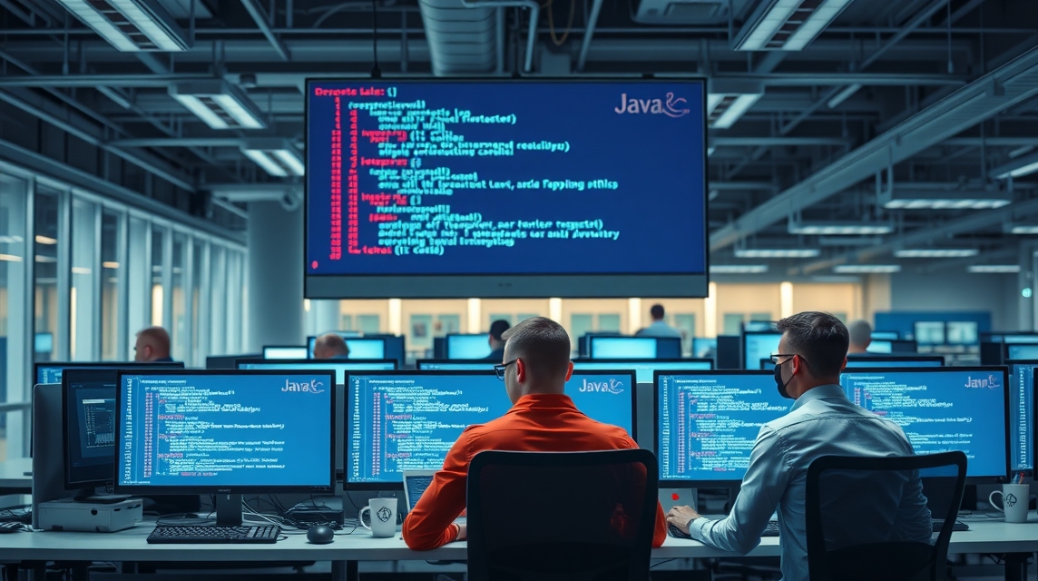 Dva programátori dolgoznak számítógépeken, háttérben kódokkal.