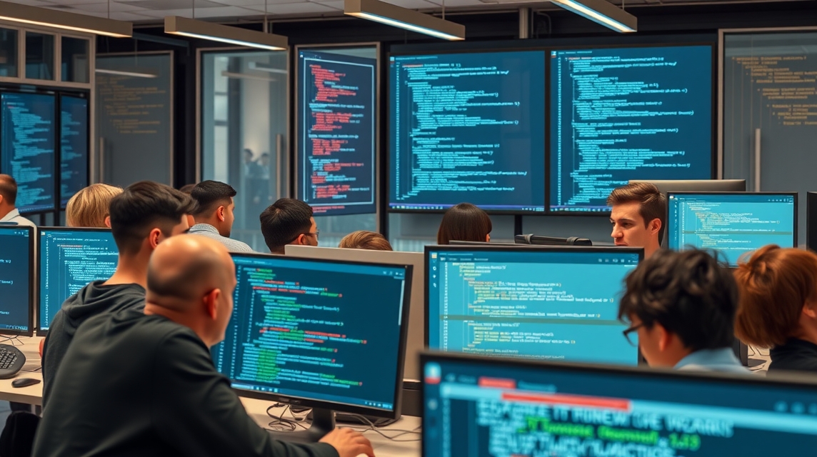 Skupina programátorov dolgozik számítógépeken egy modern irodában.