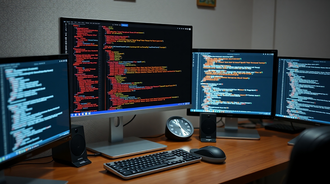 Tri monitory s kódom a klávesnicou na drevenom stole v kancelárii.