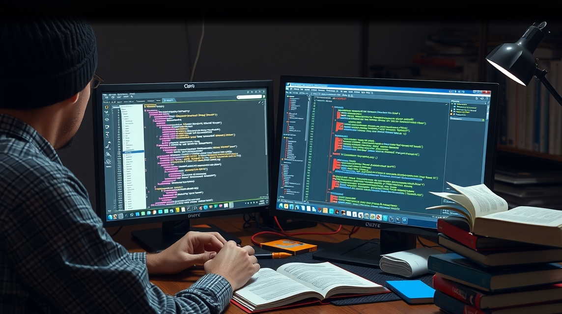 Mladý programátor pracuje na kóde na dvoch monitoroch, obklopený knihami.