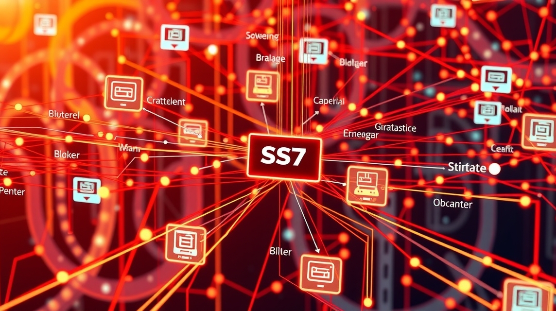 Grafika znázorňujúca sieťové spojenia s označením SS7 a rôznymi uzlami.