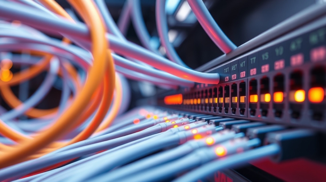 Detailný pohľad na sieťové káble pripojené k prepínaču s rozsvietenými LED diódami.