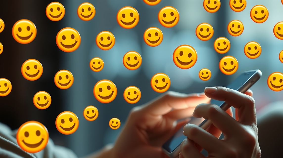 Ruka drží mobilný telefón, okolo sú rozptýlené smajlíky.