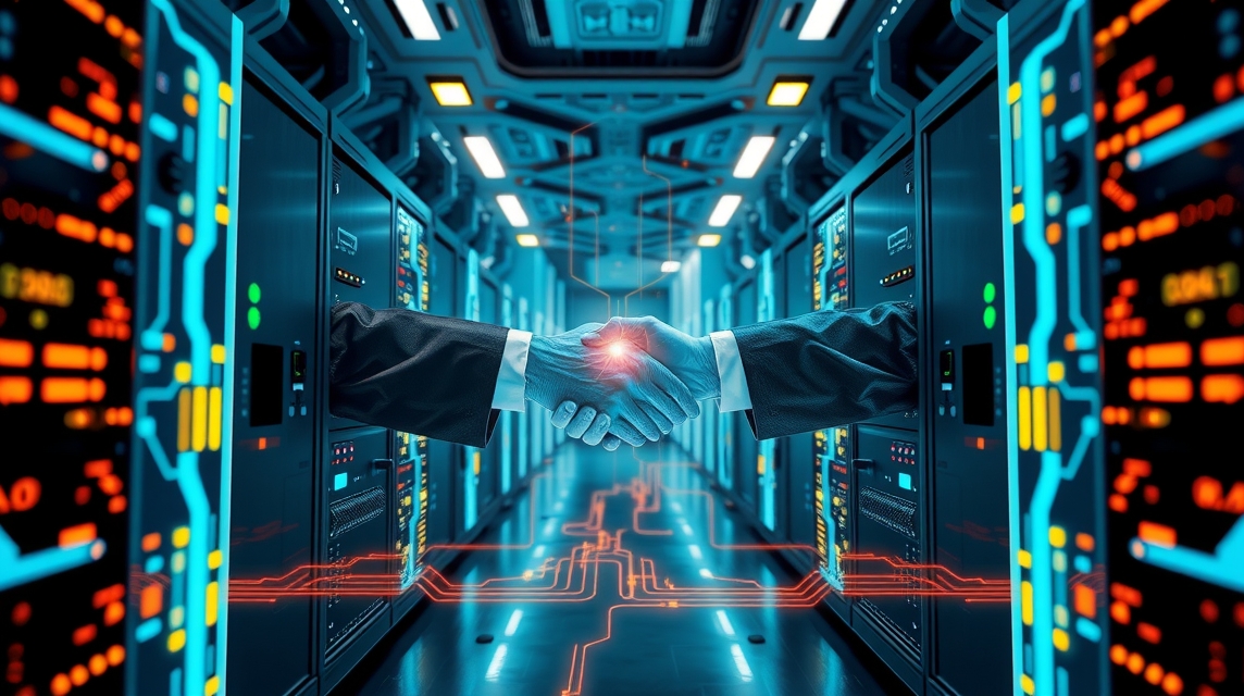 Dve ruky sa podávajú v modernom dátovom centre s technológiou.