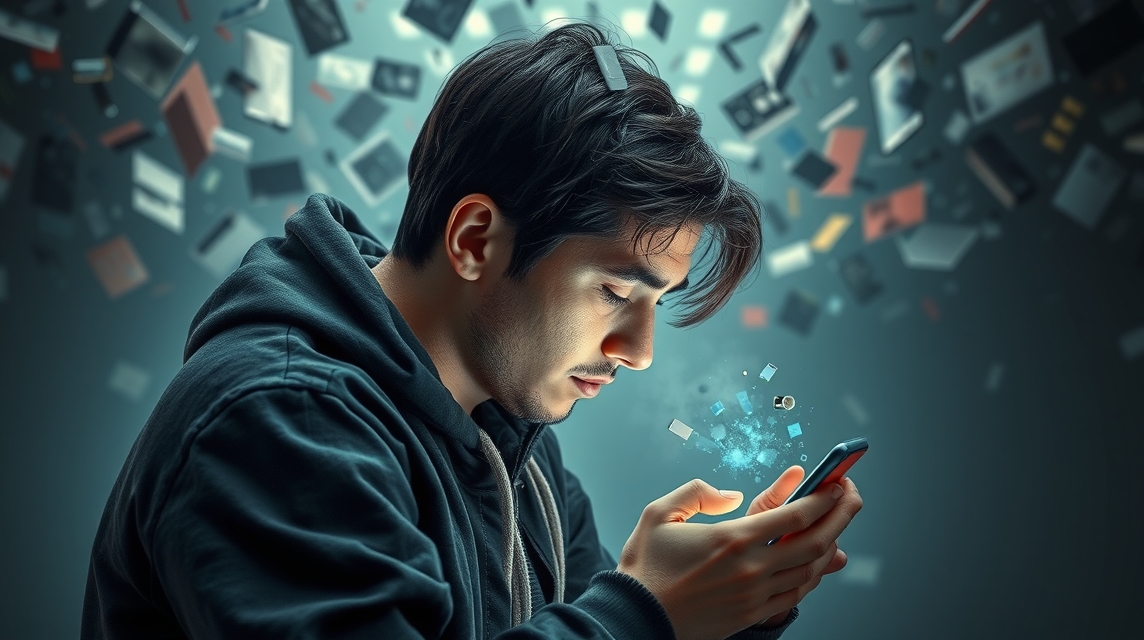 Mladý muž sústredene sleduje svoj mobilný telefón, okolo neho sa vznášajú technológie.