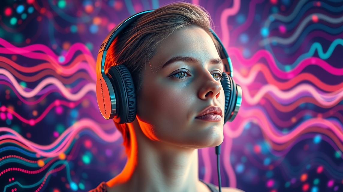 Mladá žena s slúchadlami na ušiach, sústredene počúva hudbu pred farebným pozadím.
