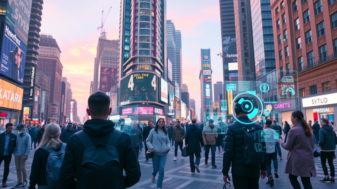 Rušná ulica s množstvom ľudí, moderné budovy a digitálne zobrazenia.