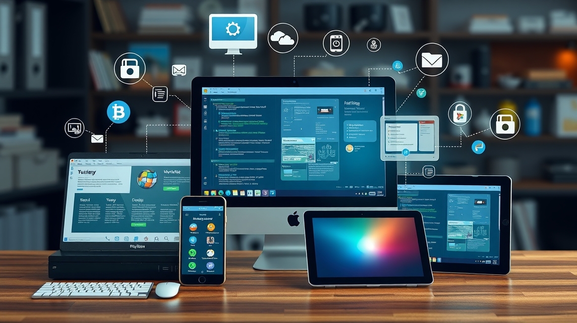 Rôzne zariadenia ako počítače, tablet a mobil s ikonami aplikácií a funkcií.