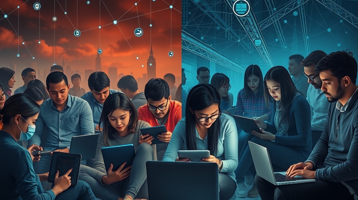 Skupina mladých ľudí sedí s elektronickými zariadeniami, zameraní na technológie.