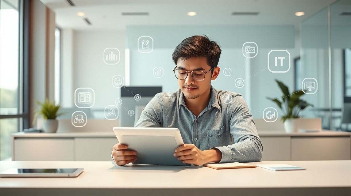 Mladý muž, ktorý sedí pri stole a tabletu, obklopený ikonami technológie.