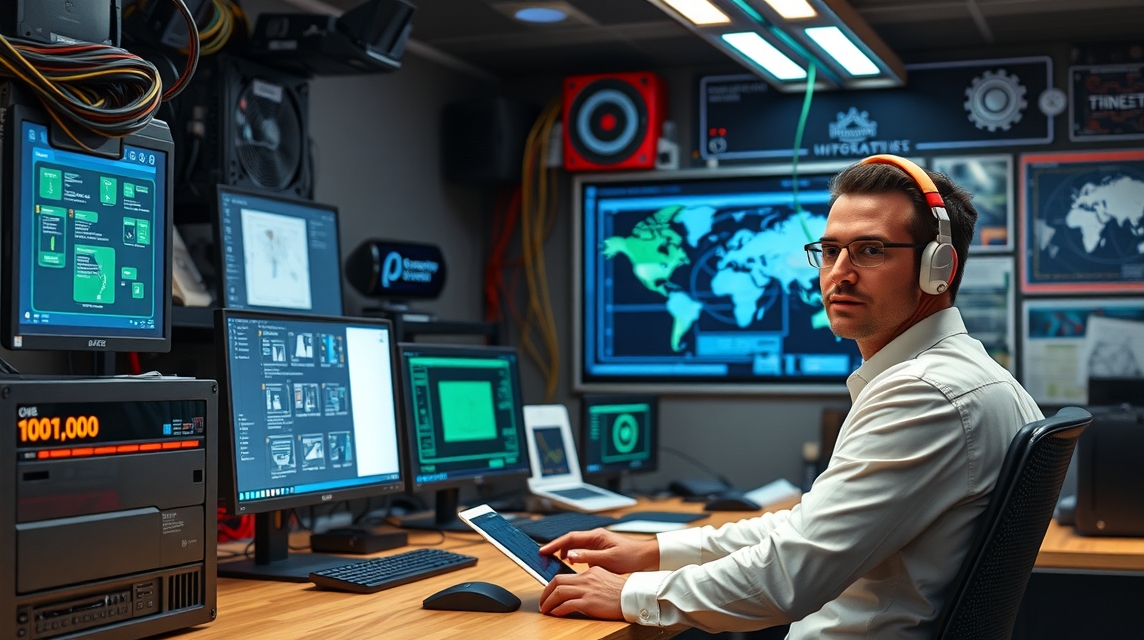 Muž v bielom košeli sedí pred viacerými obrazovkami v technickej miestnosti.