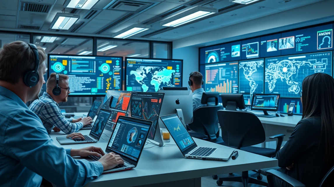 Tím odborníkov pracuje v modernom kancelárskom prostredí s viacerými obrazovkami a notebookmi.