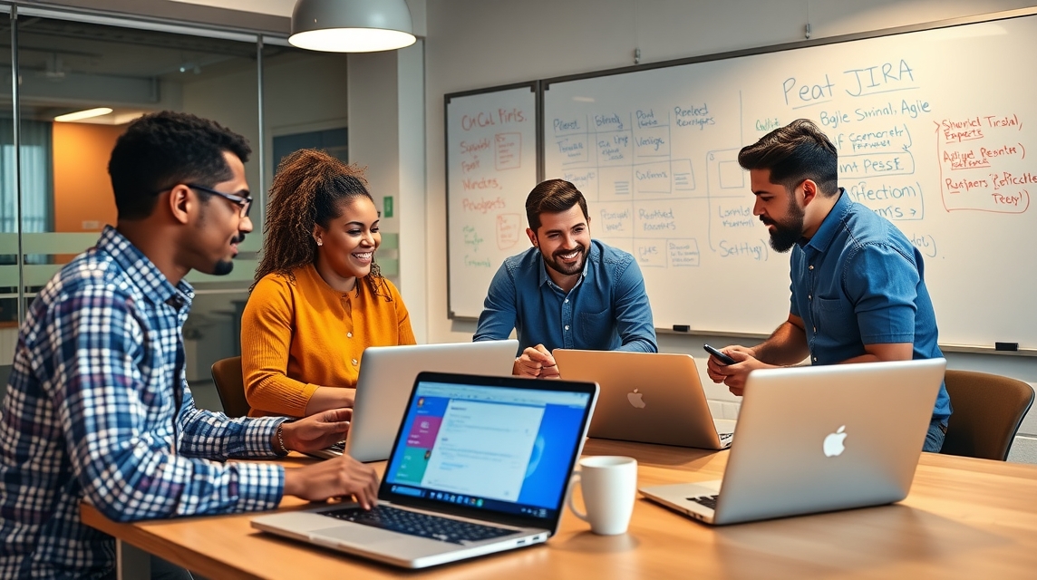 Skupina štyroch profesionálov diskutuje pri stole s laptopmi a poznámkami.