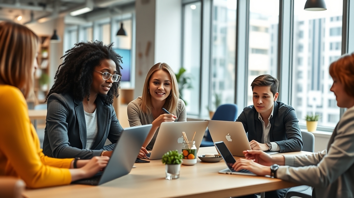Skupina mladých profesionálov pracuje na laptopoch v modernom kancelárskom prostredí.