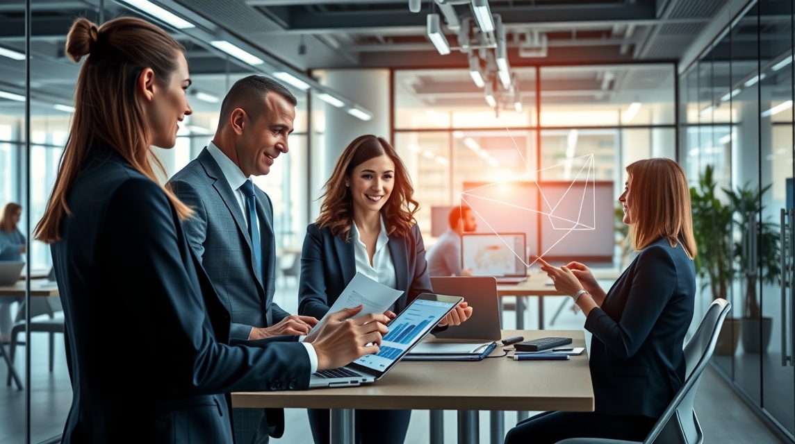 Skupina profesionálov diskutuje a analyzuje dáta v modernom kancelárskom prostredí.