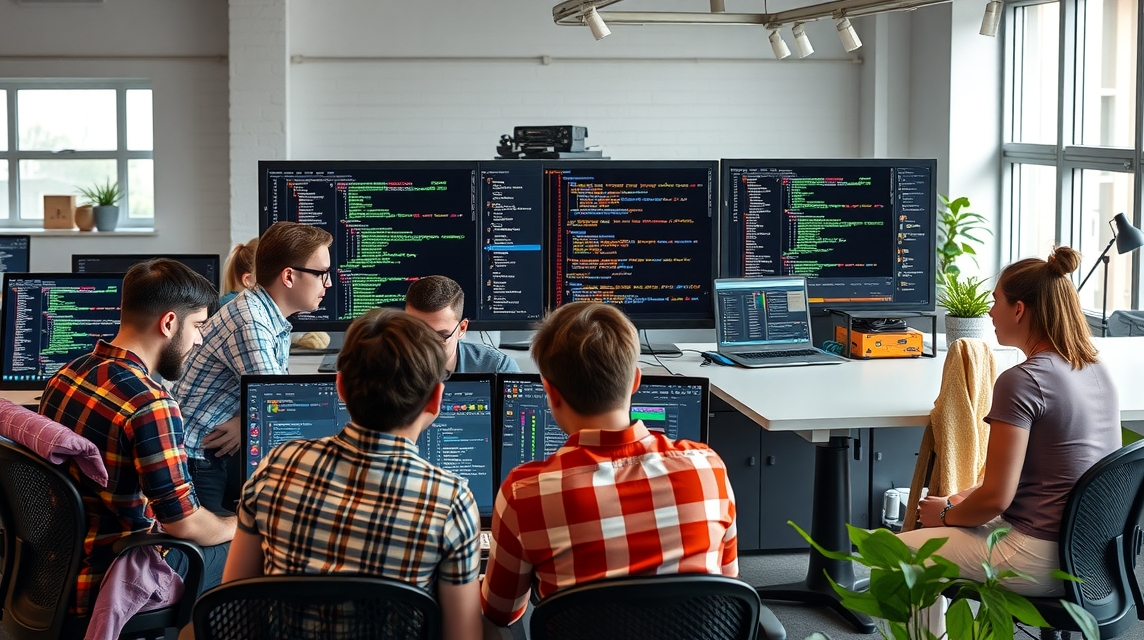 Skupina programátorov pracuje a diskutuje a kóduje na moderných počítačoch.