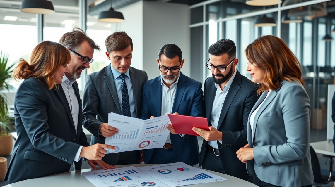Skupina profesionálov diskutuje o grafikonoch a prezentációs anyagokon egy modern irodában.
