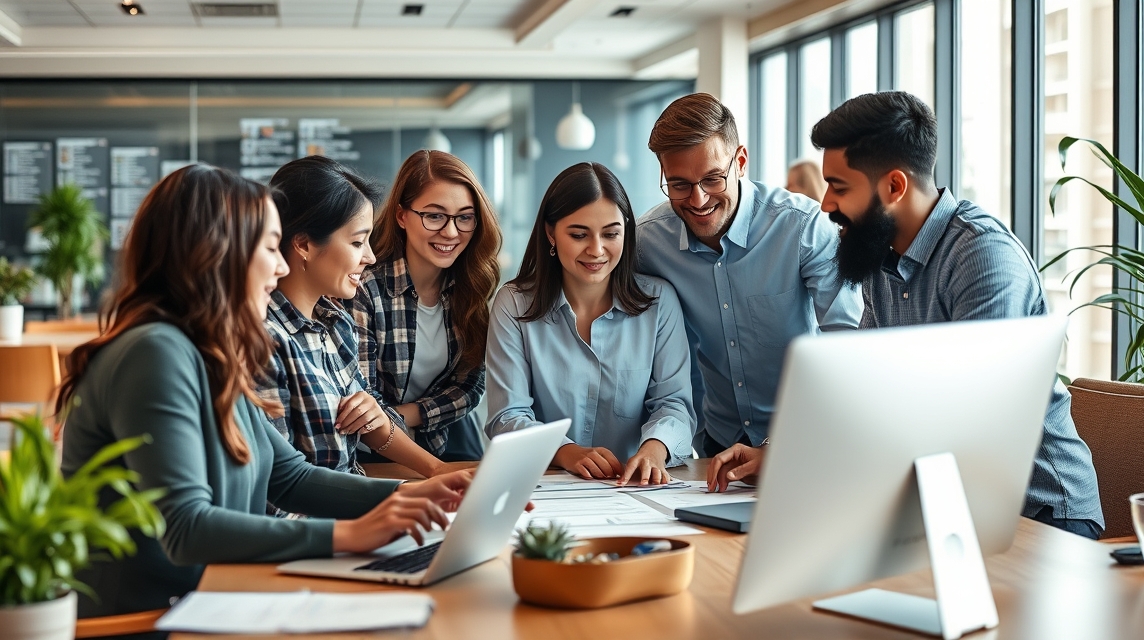 Skupina šiestich mladých profesionálov diskutuje pri stole s notebookom a dokumentmi.