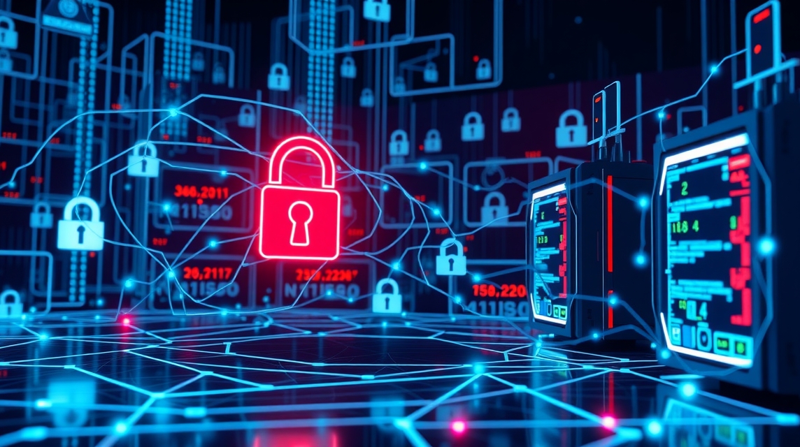 Digitálna grafika s uzamknutými ikonami a počítačovými obrazovkami.