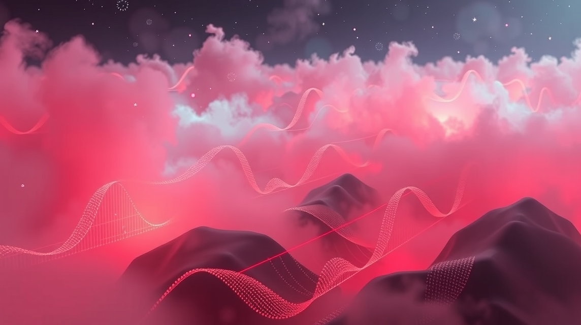 Abstraktná krajina s ružovými oblakmi a vlnovými vzormi v pozadí.