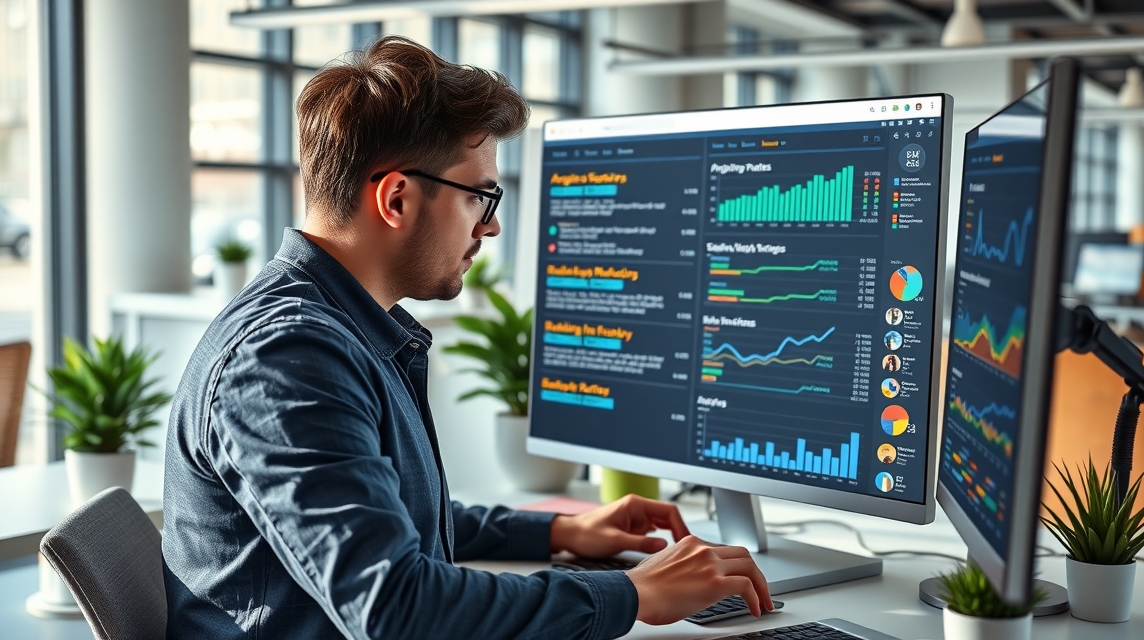 Mladý muž, ktorý pracuje na počítači s analýzami a grafmi v modernom kancelárskom prostredí.