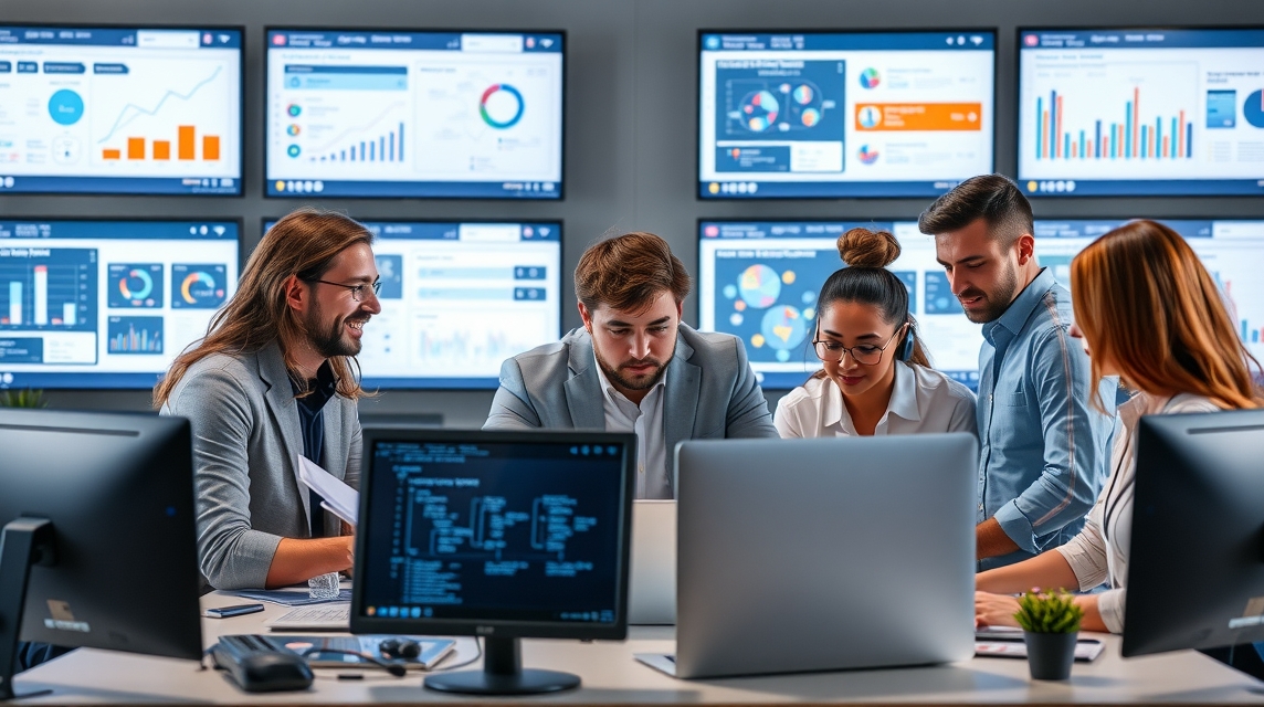 Skupina profesionálov analyzuje dáta na obrazovkách v modernom kancelárskom prostredí.