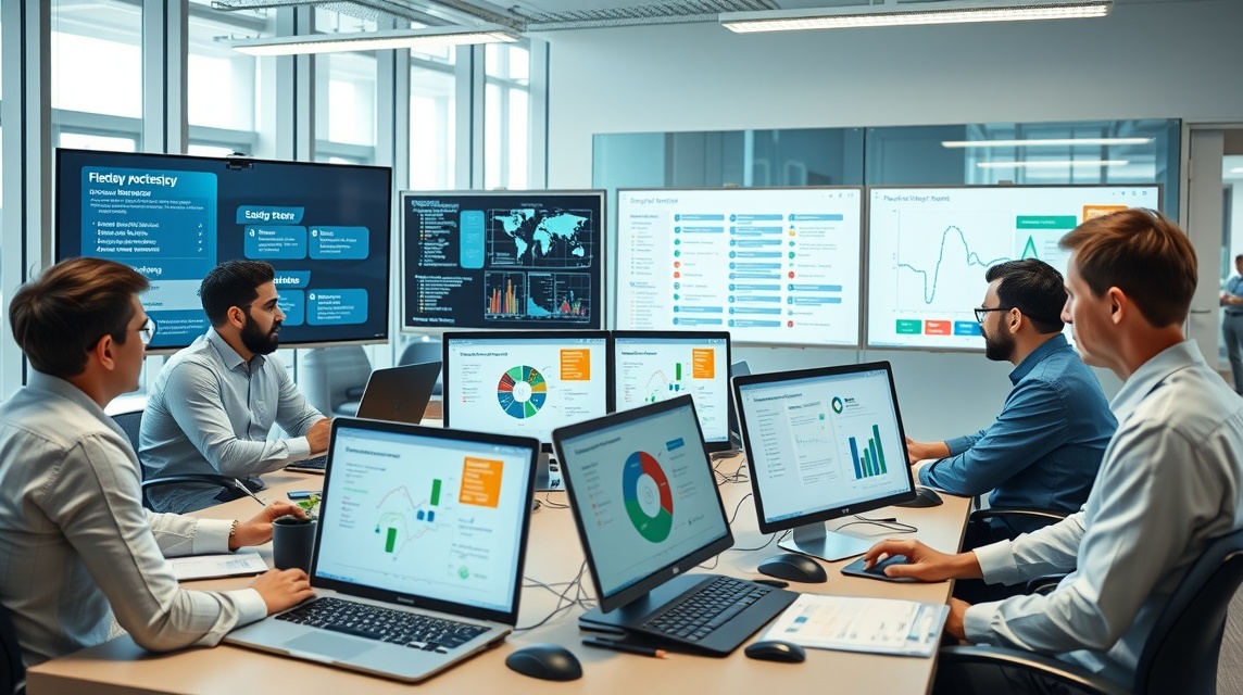 Skupina profesionálov pracuje a diskutuje o dátových analýzach v modernom kancelárskom prostredí.