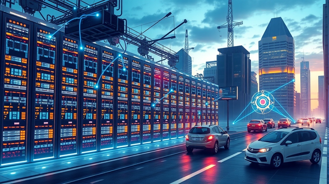 Moderné dátové centrum s množstvom serverov a mestskou krajinou v pozadí.