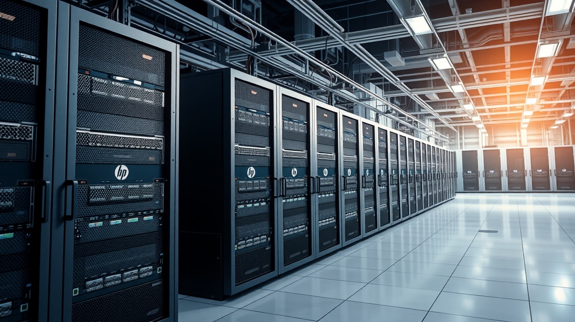 Moderné servery usporiadané v dátovom centre s jasným osvetlením.