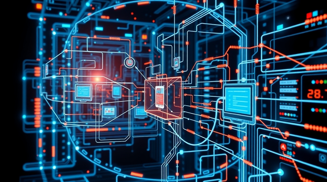Abstraktná vizualizácia digitálnych obvodov a dátových tokov v technológii.