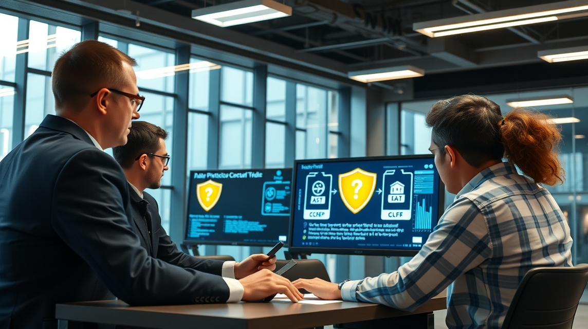 Trio profesionálov diskutuje o kybernetickej bezpečnosti pred obrazovkami s grafmi.