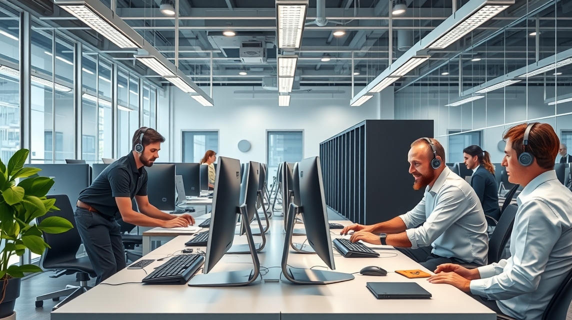 Zamestnanci v modernom kancelárskom prostredí pracujú na počítačoch s headsetmi.